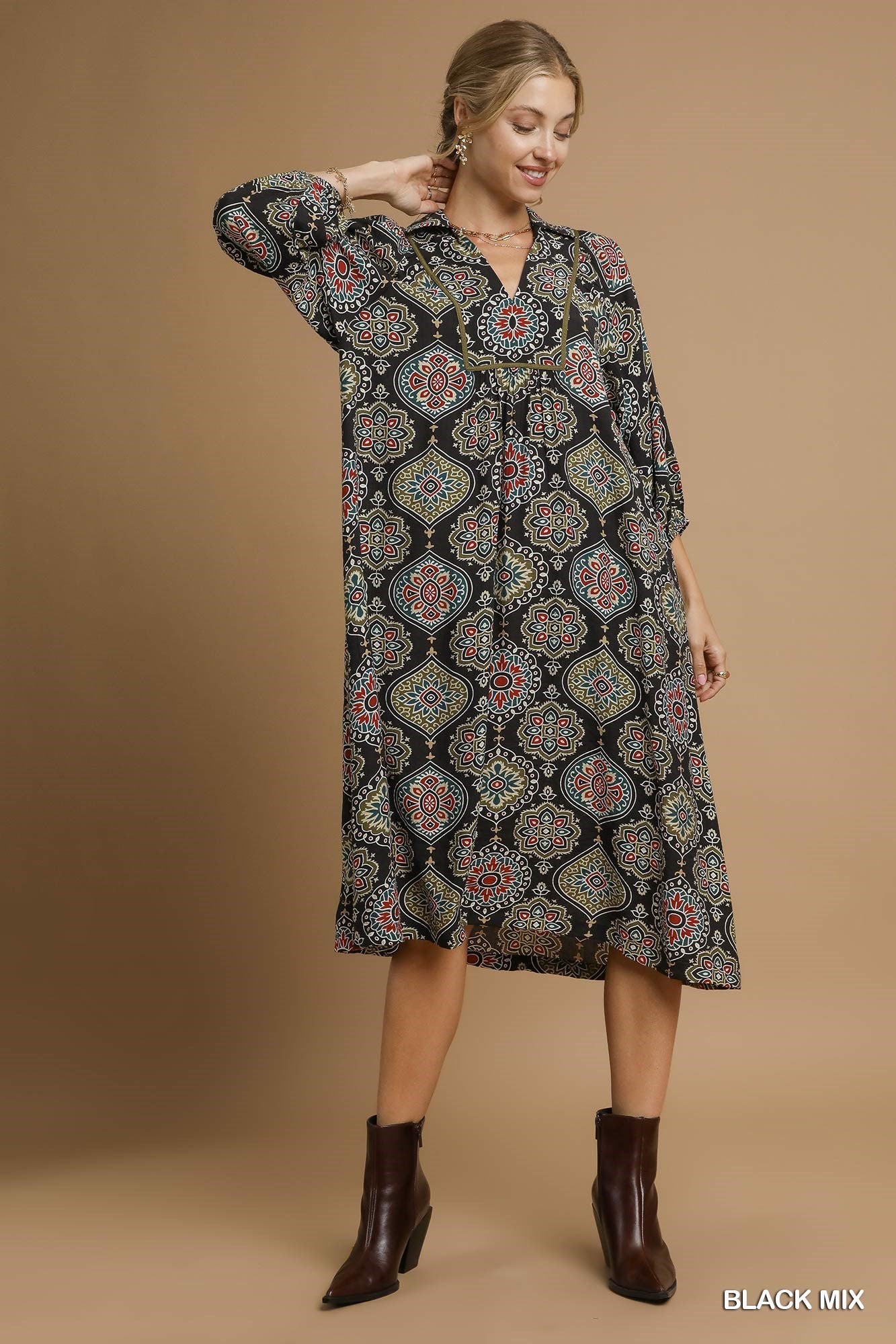 UMGEE Boho Medallion Print Midi Dress Black Mix