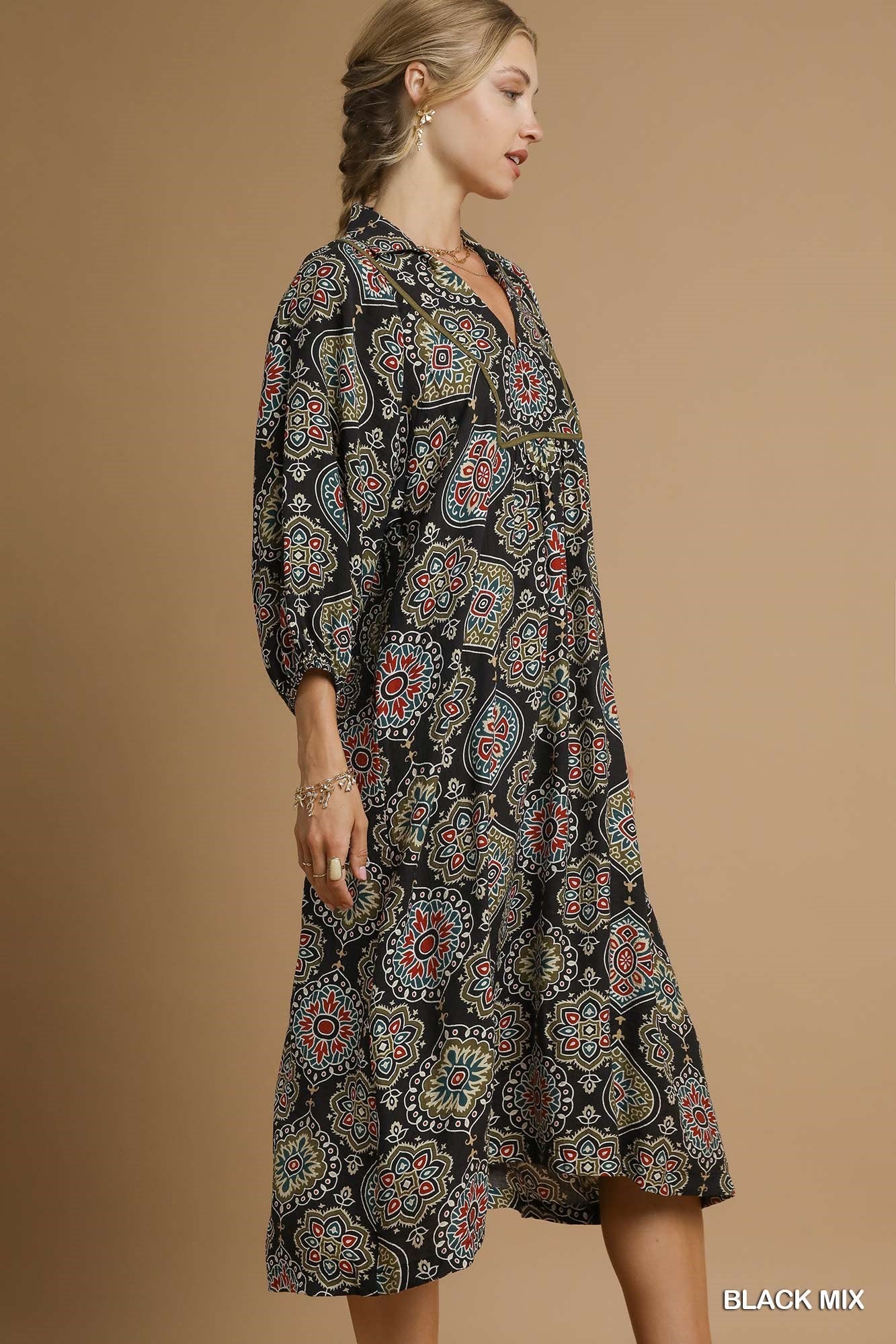 UMGEE Boho Medallion Print Midi Dress Black Mix