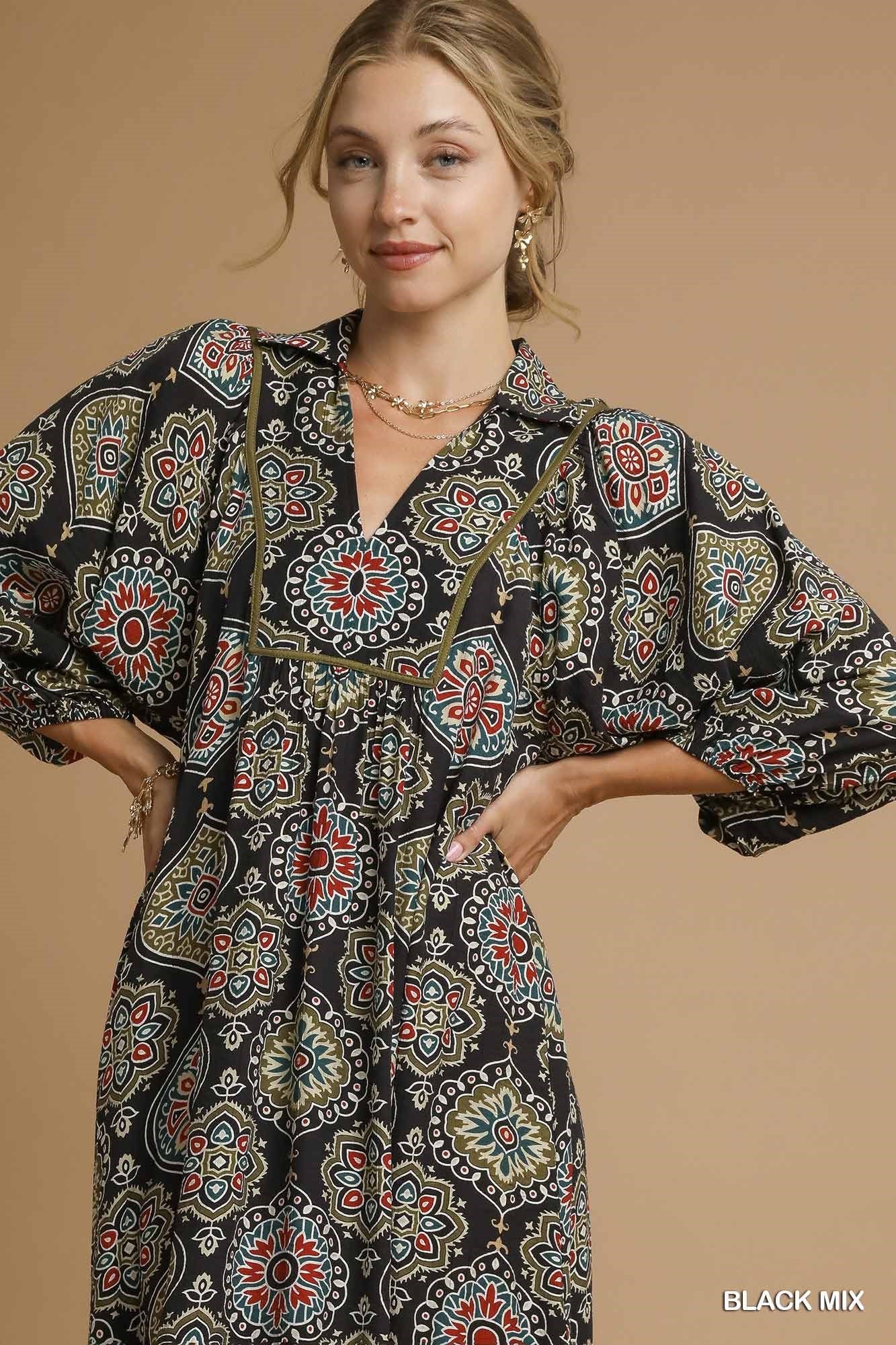 UMGEE Boho Medallion Print Midi Dress Black Mix