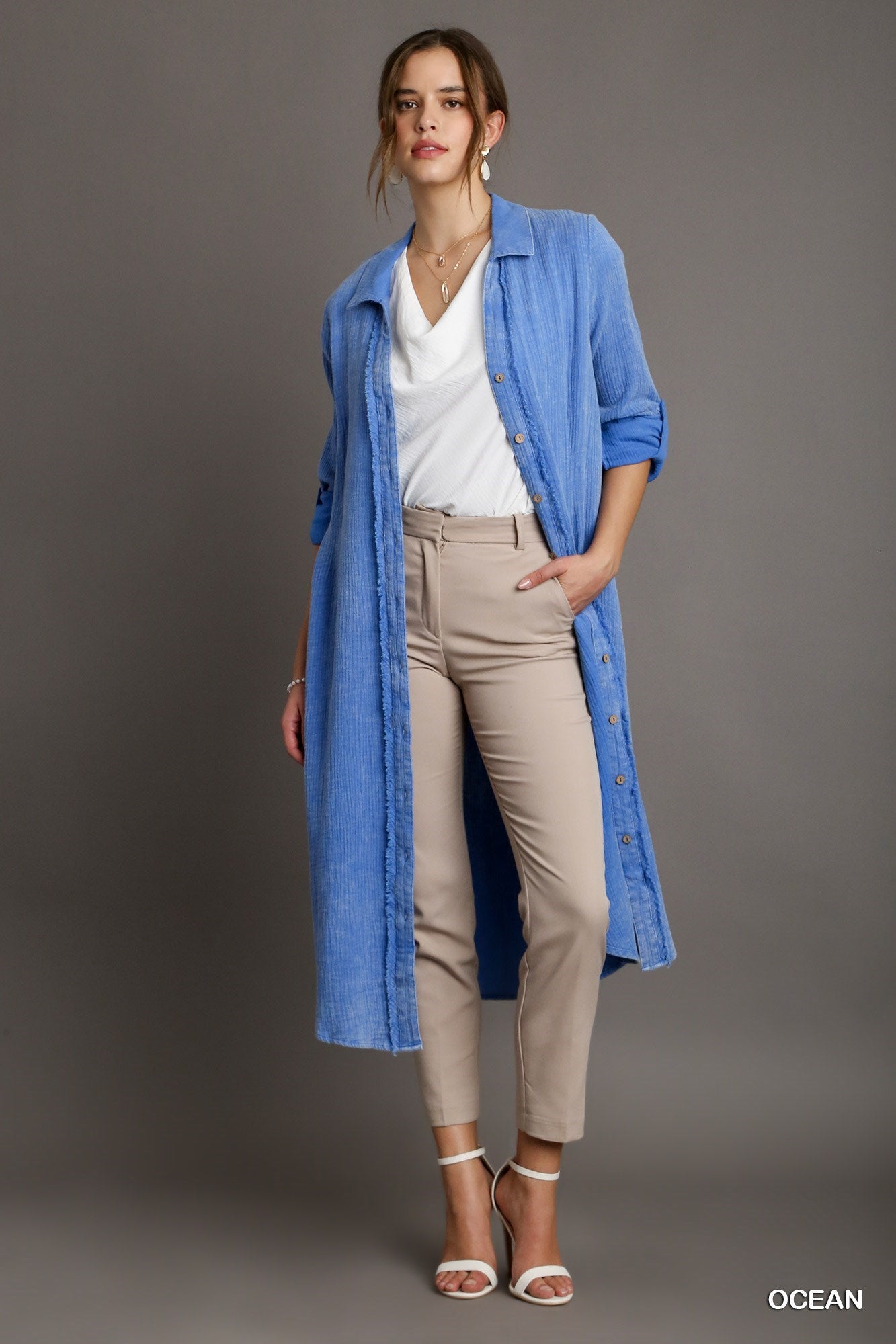 UMGEE Mineral Wash Button Down Midi Dress Shirt Ocean
