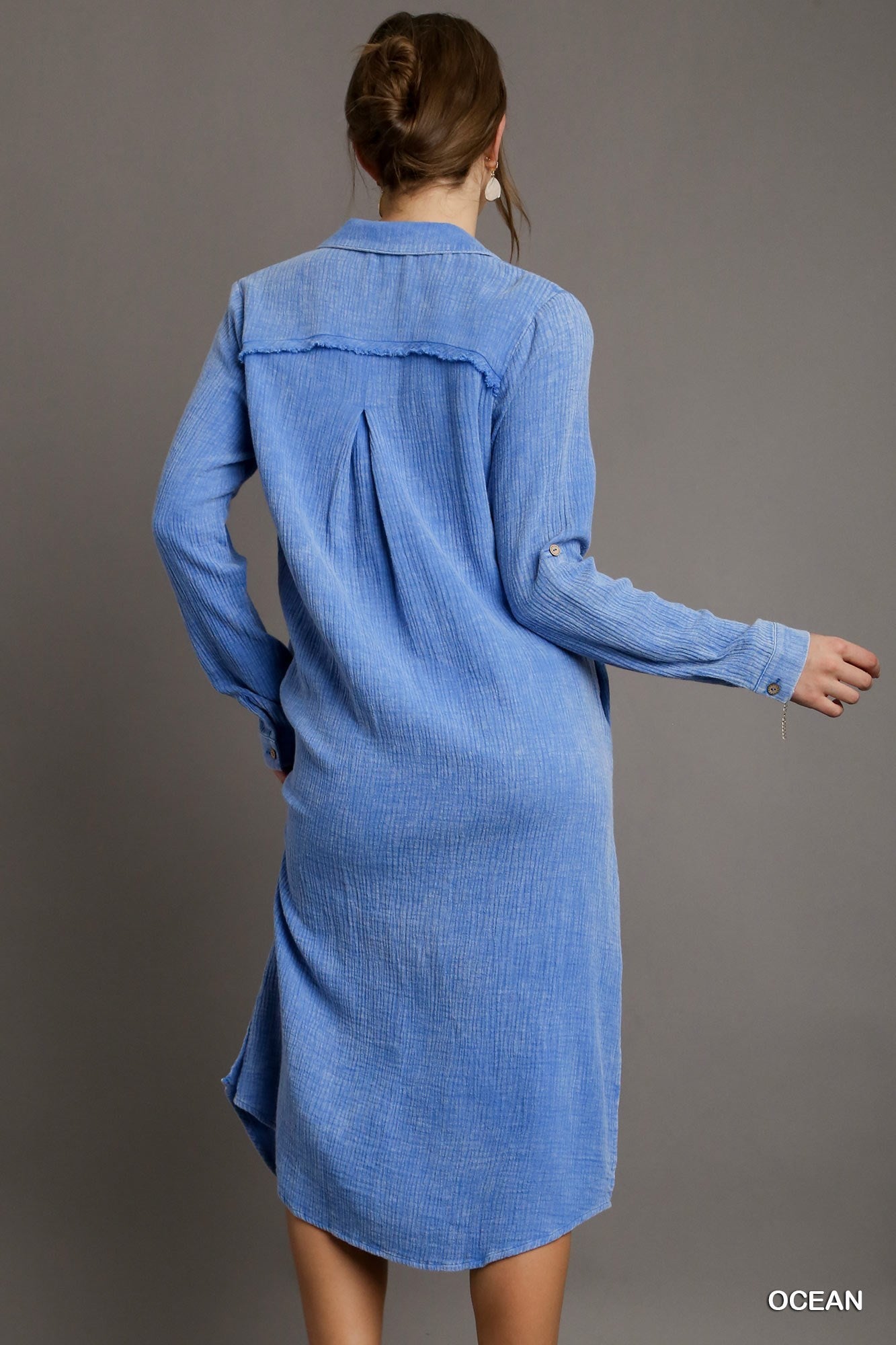 UMGEE Mineral Wash Button Down Midi Dress Shirt Ocean