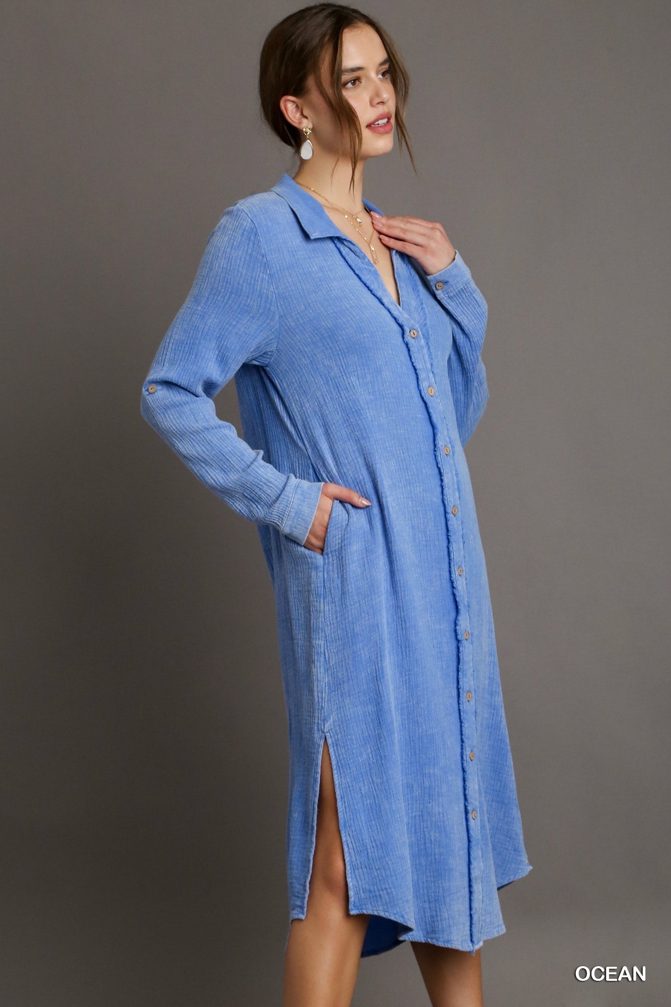 UMGEE Mineral Wash Button Down Midi Dress Shirt Ocean