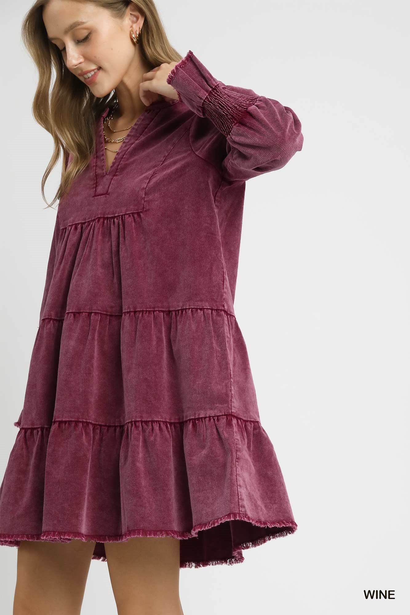 UMGEE Stone Washed V-Neck Dress Wine