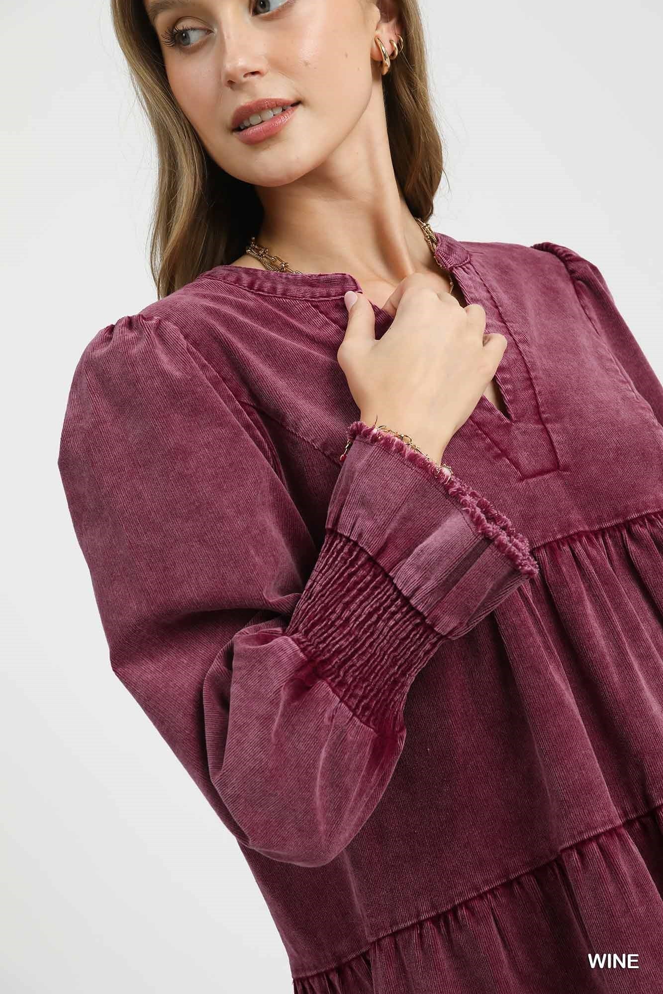 UMGEE Stone Washed V-Neck Dress Wine