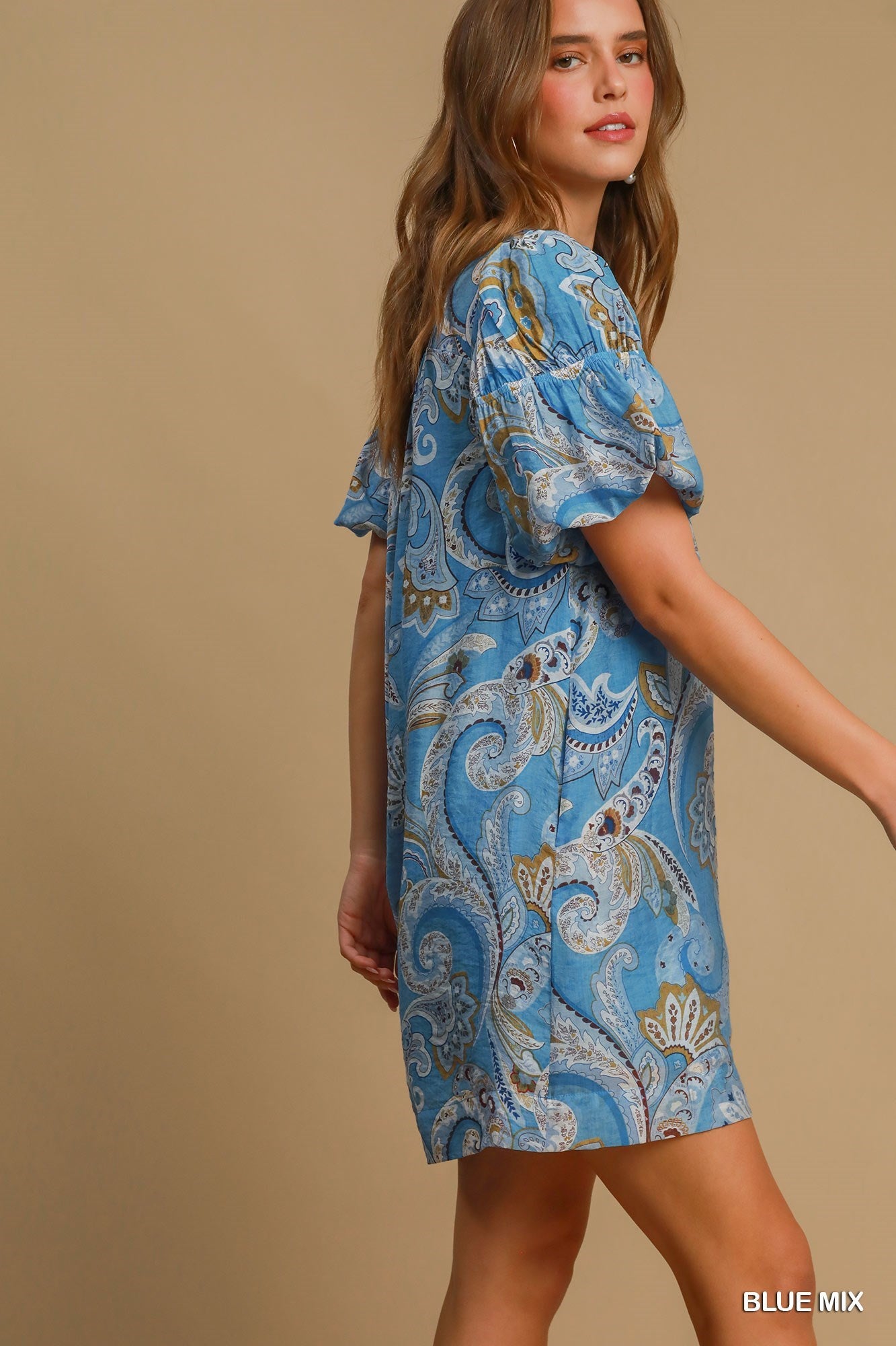 UMGEE Paisley Print Babydoll Dress Blue