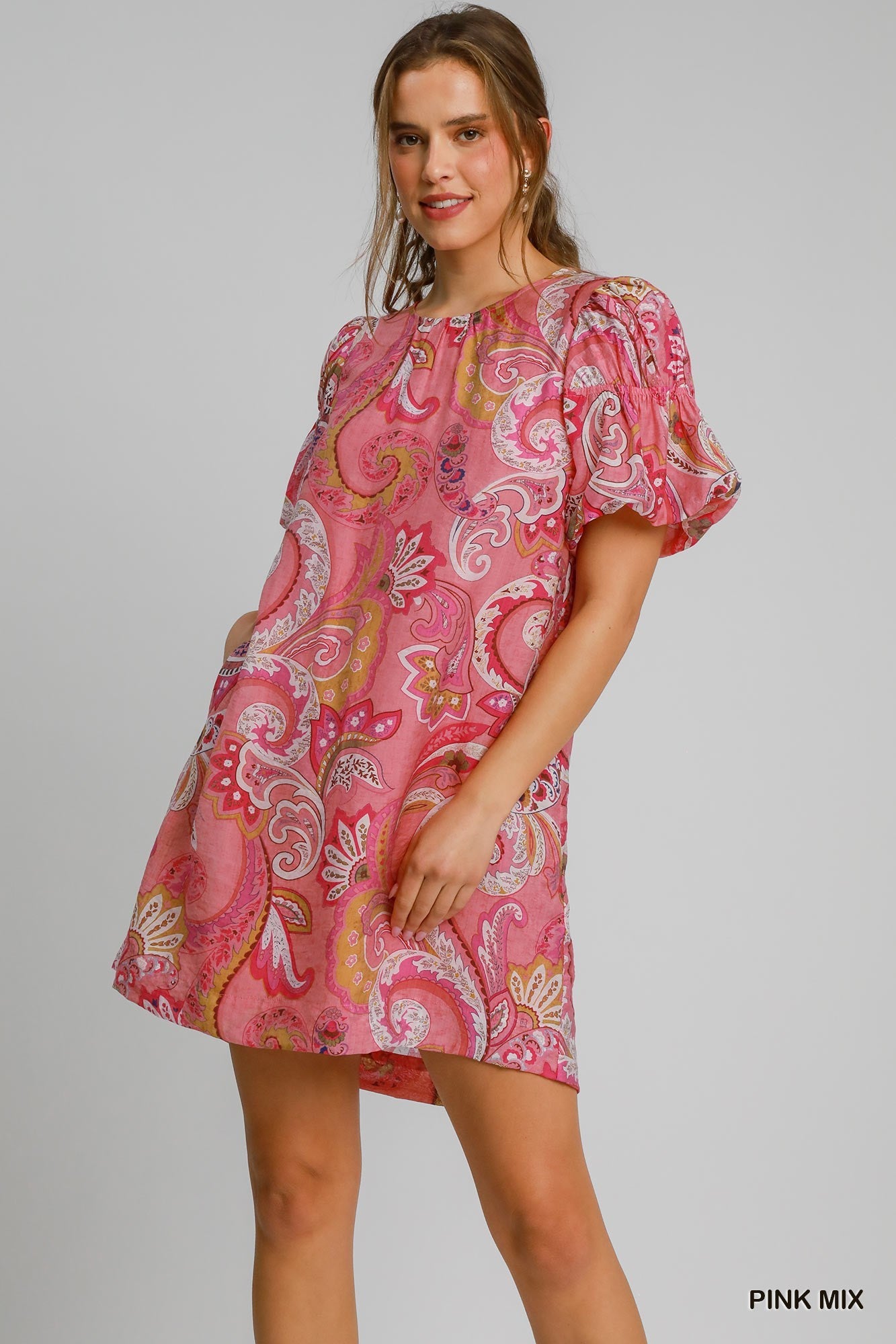 UMGEE Paisley Print Babydoll Dress Pink