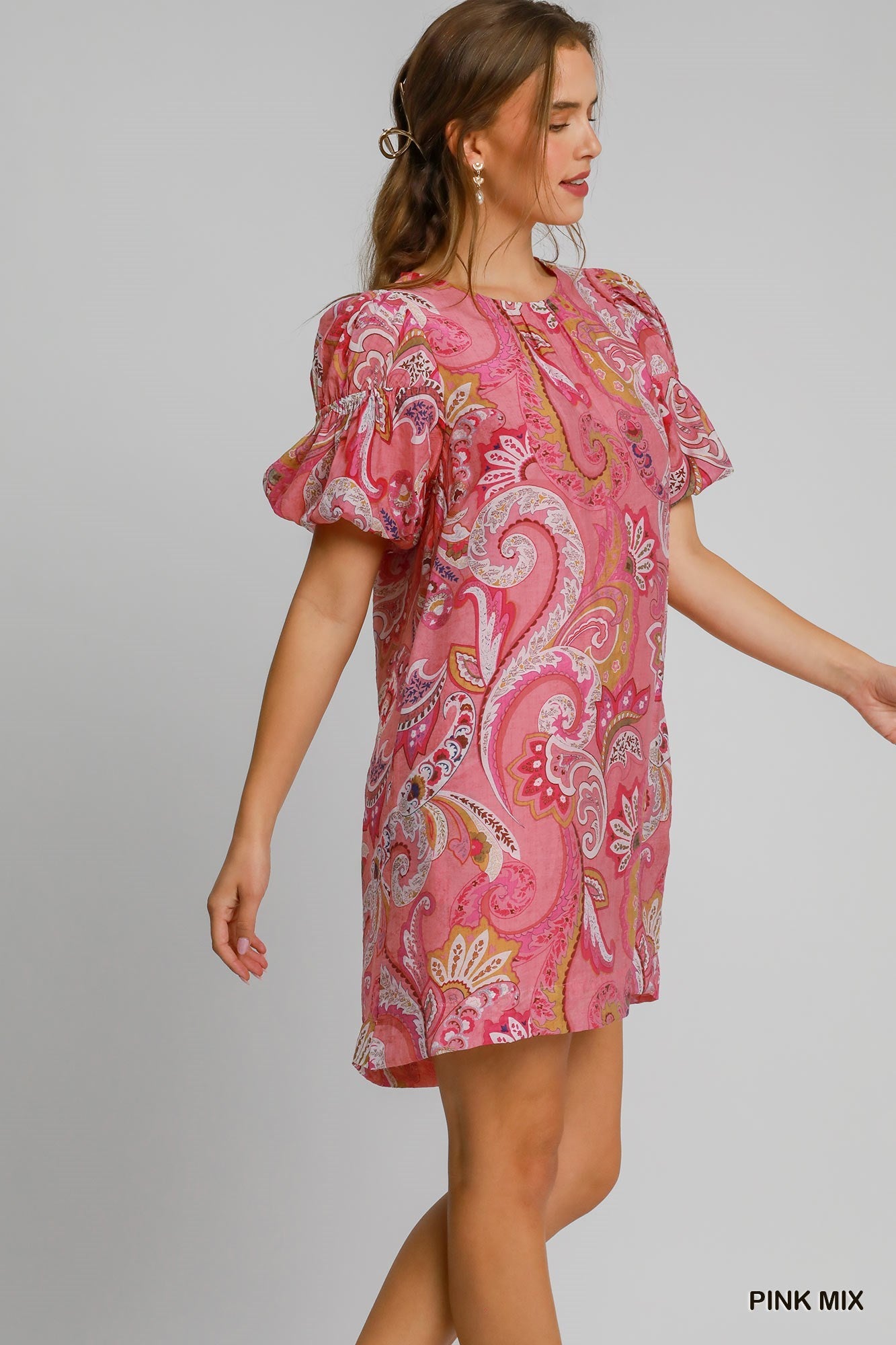 UMGEE Paisley Print Babydoll Dress Pink