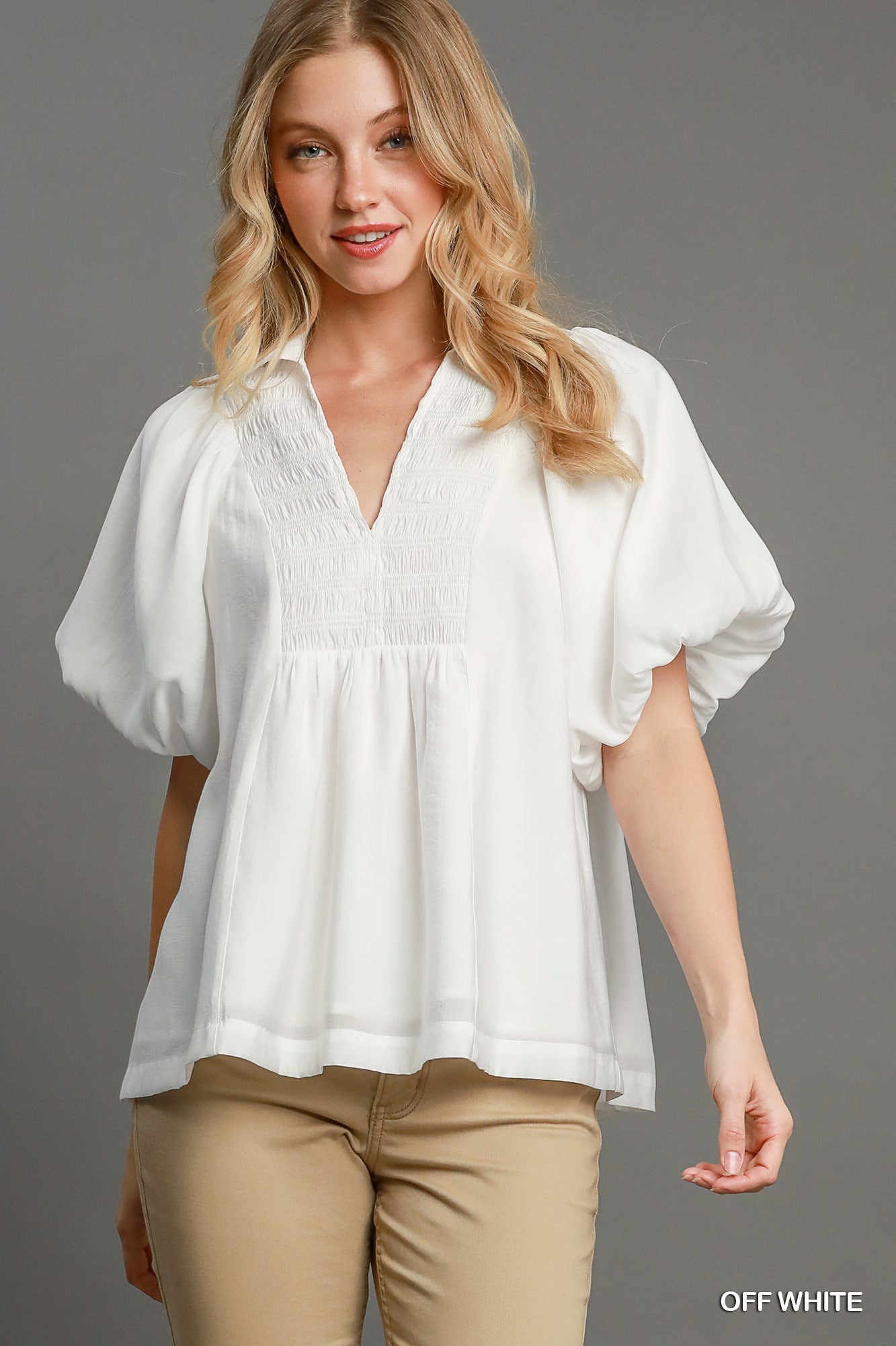 UMGEE Exaggerated Bubble Sleeve Top with Front Yoke and Smocking Details Off White