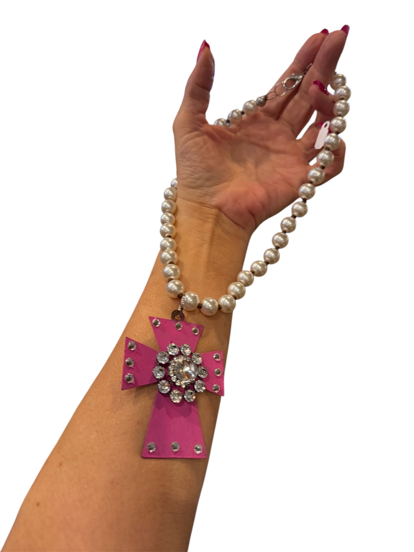 ALICE Large Pink Hand Painted Metal Cross with Crystals on Pearl Necklace