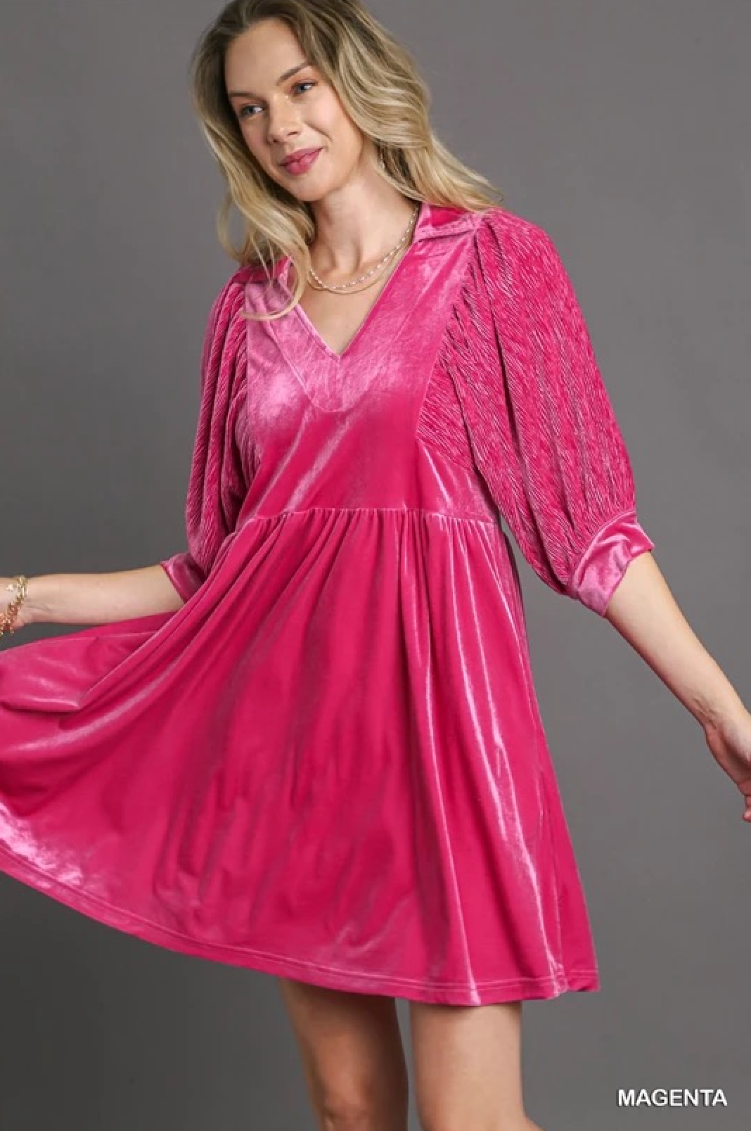 Umgee Velvet 3/4 Sleeves Collar Dress with Contrast Detail