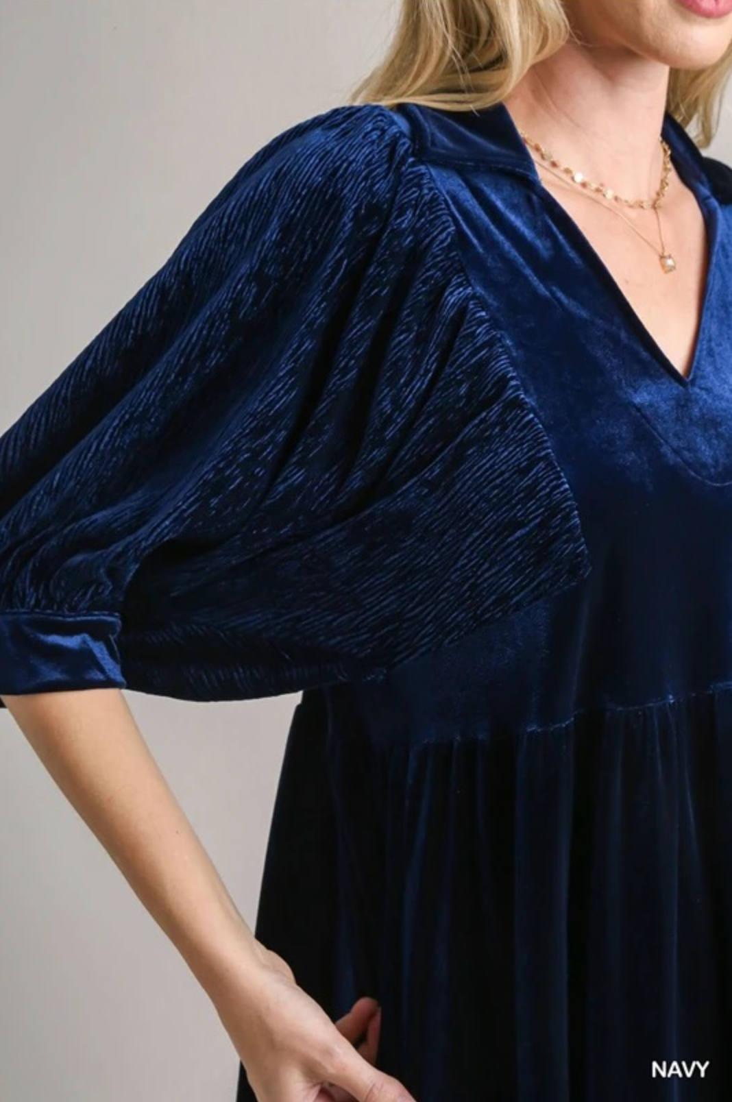 Umgee Velvet 3/4 Sleeves Collar Dress with Contrast Detail