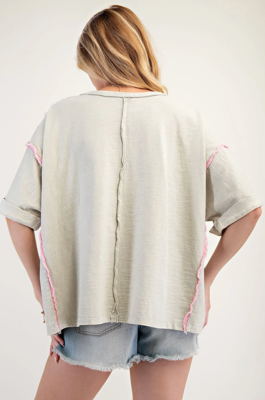 EASEL FLOWER PATCH MINERAL WASHED COTTON SLUB TOP LIGHT SAGE