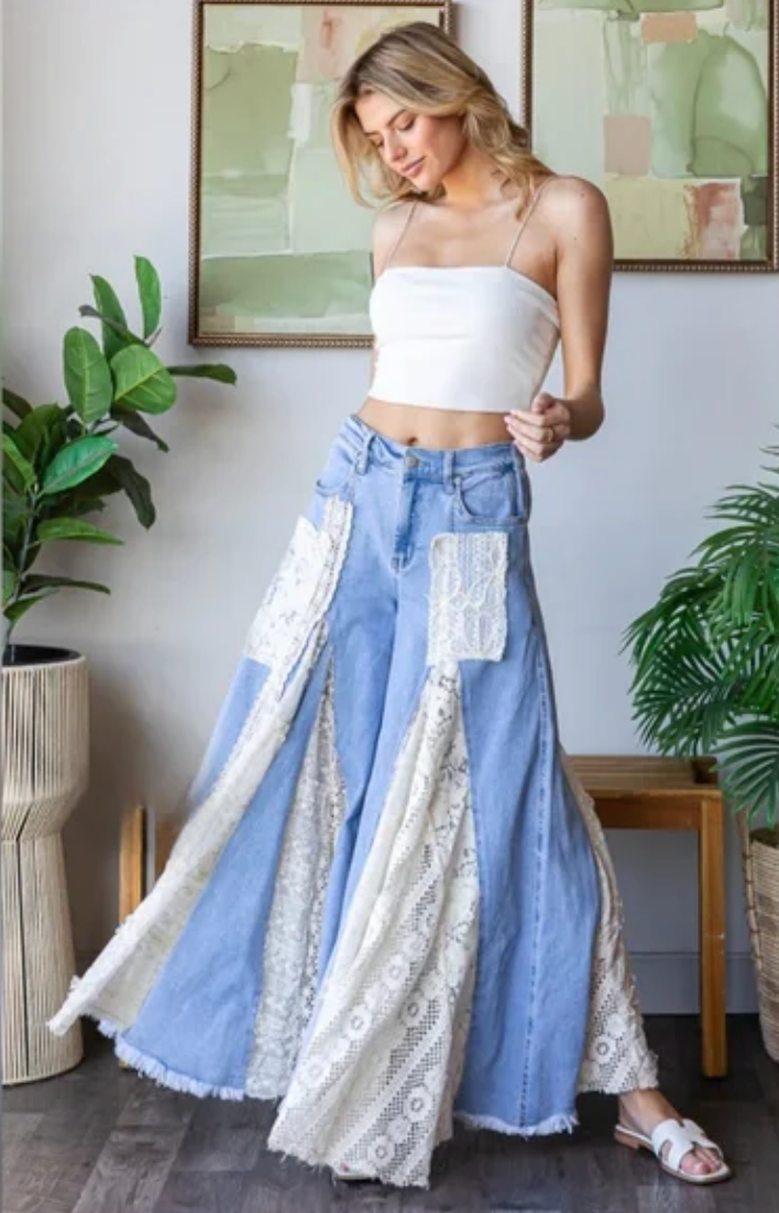 OLI & HALI Lace Insert Detail Ruffle Flare Wide Leg Pants