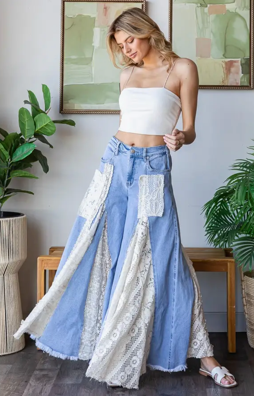 OLI & HALI Lace Insert Detail Ruffle Flare Wide Leg Pants
