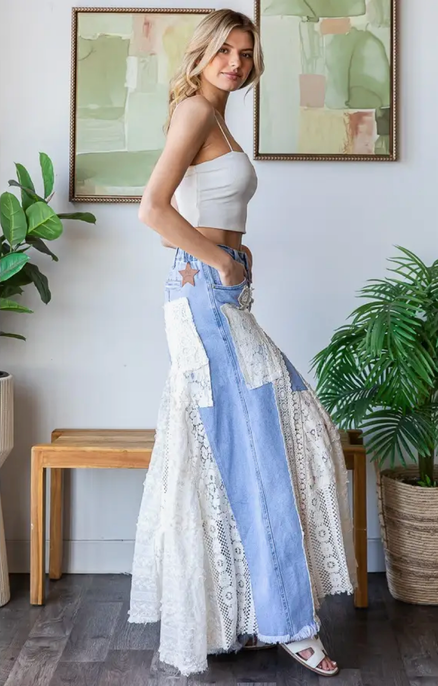 OLI & HALI Lace Insert Detail Ruffle Flare Wide Leg Pants