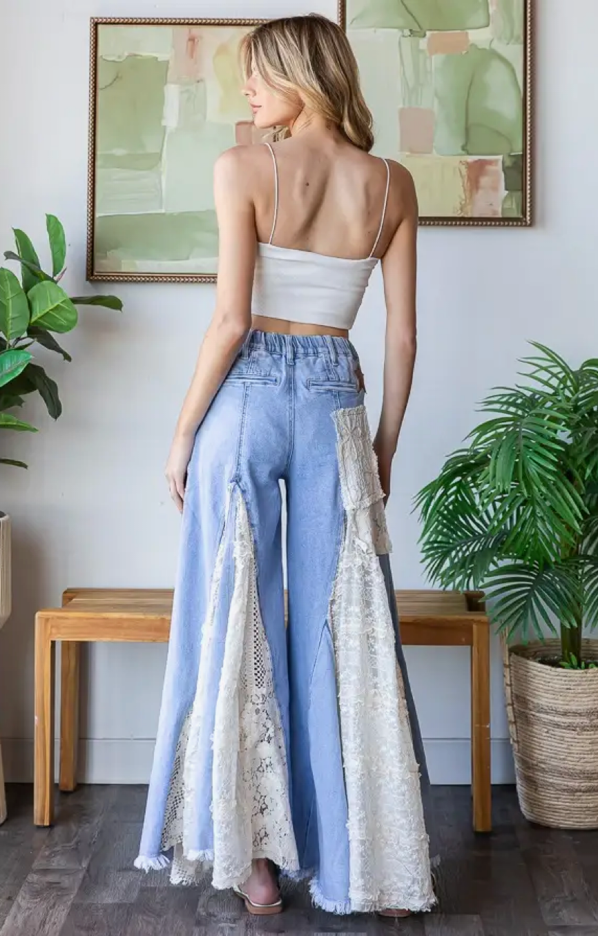 OLI & HALI Lace Insert Detail Ruffle Flare Wide Leg Pants