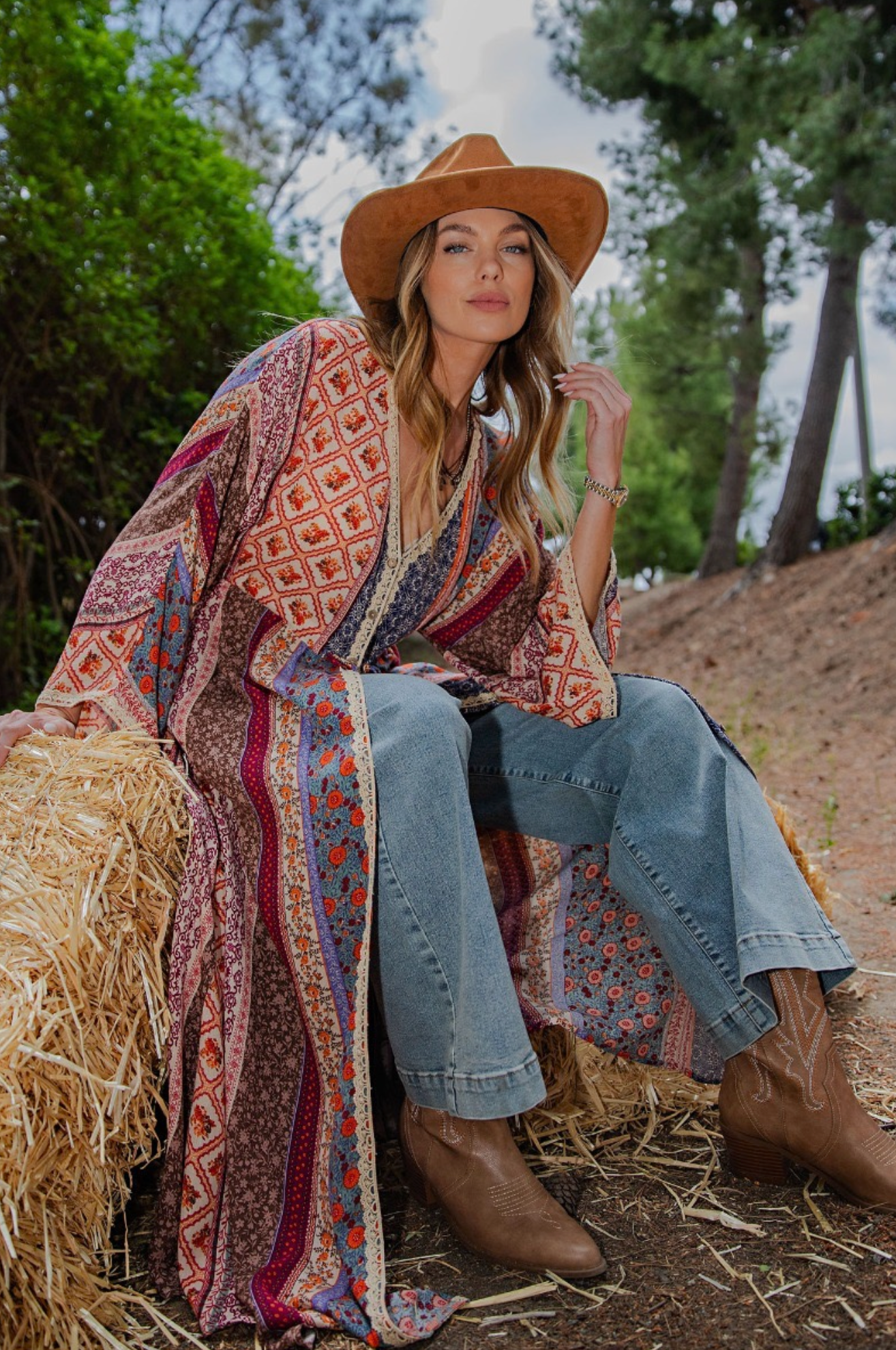 EASEL Bell Sleeve Rayon Maxi Duster Dress
