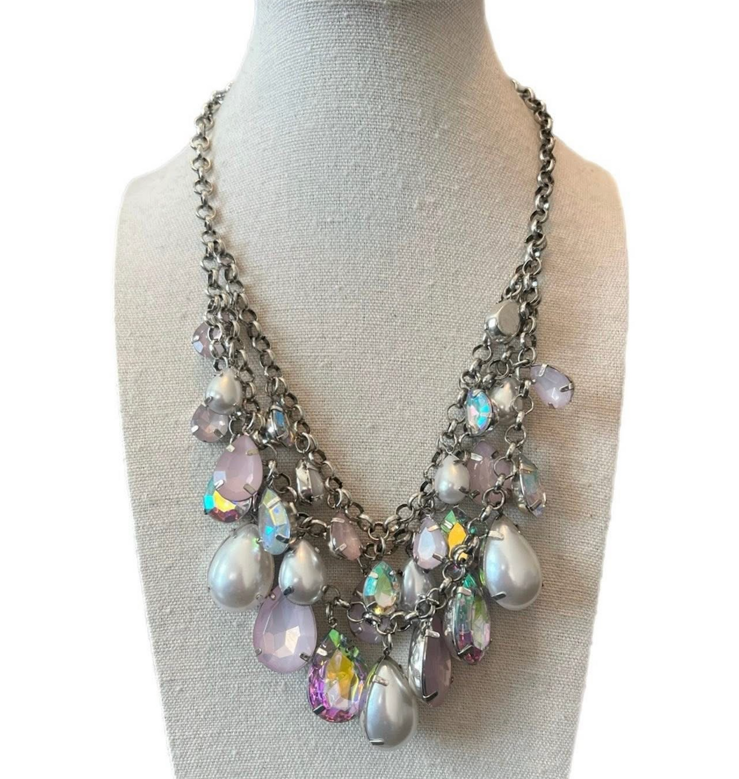 Pink Opal Silver Teardrop 3 Strand Necklace