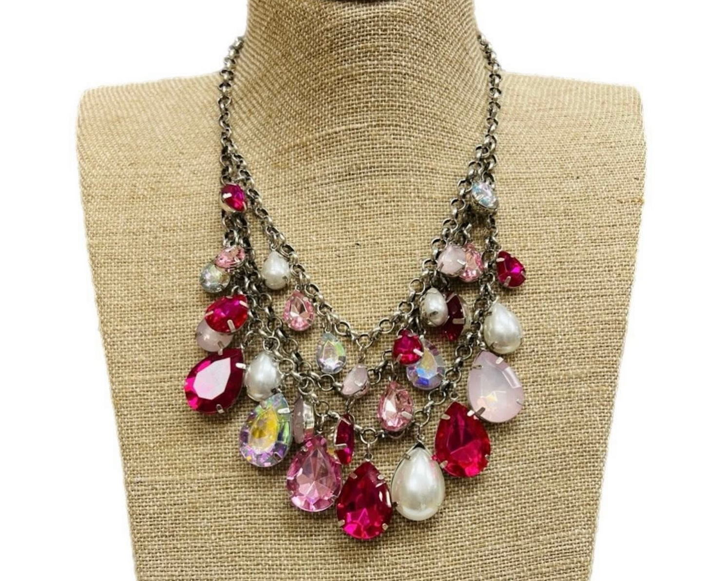 Hot Pink Silver Teardrop 3 Strand Necklace