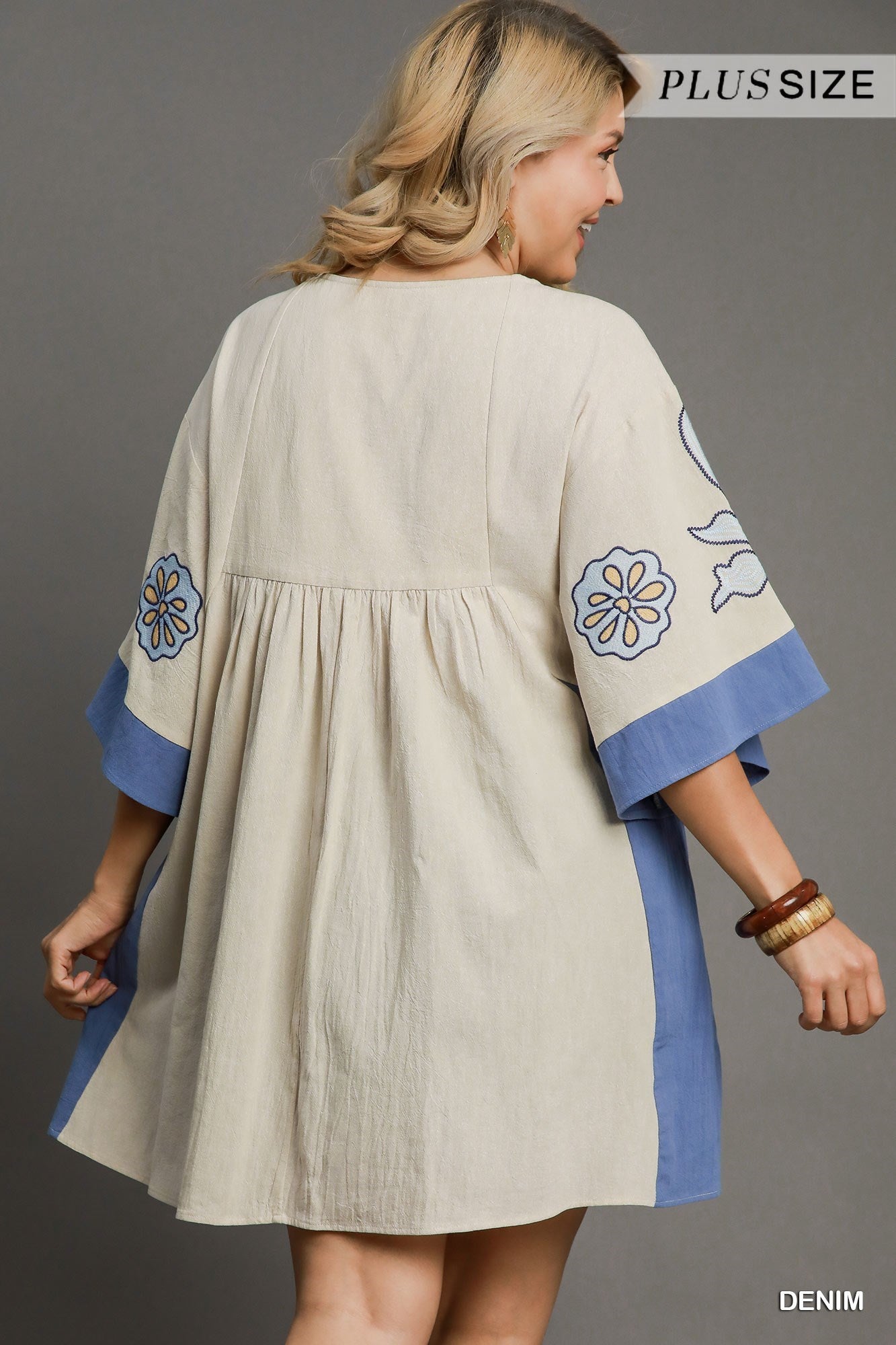 UMGEE Bohemian Embroidered Kaftan Dress Denim PLUS PRETTY