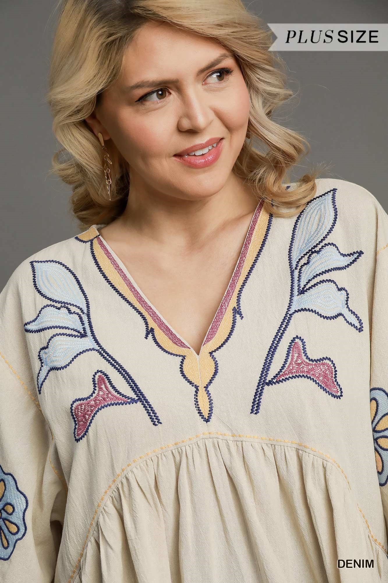 UMGEE Bohemian Embroidered Kaftan Dress Denim PLUS PRETTY