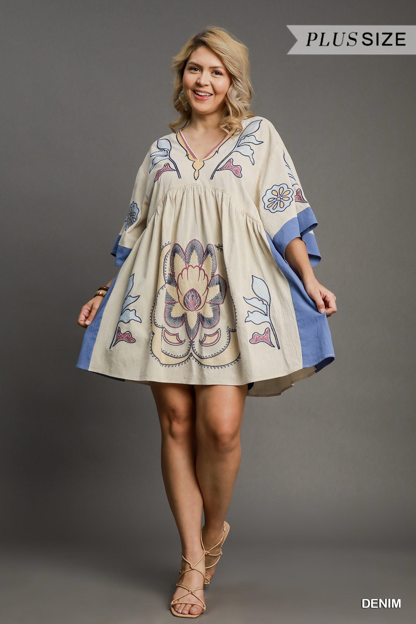 UMGEE Bohemian Embroidered Kaftan Dress Denim PLUS PRETTY