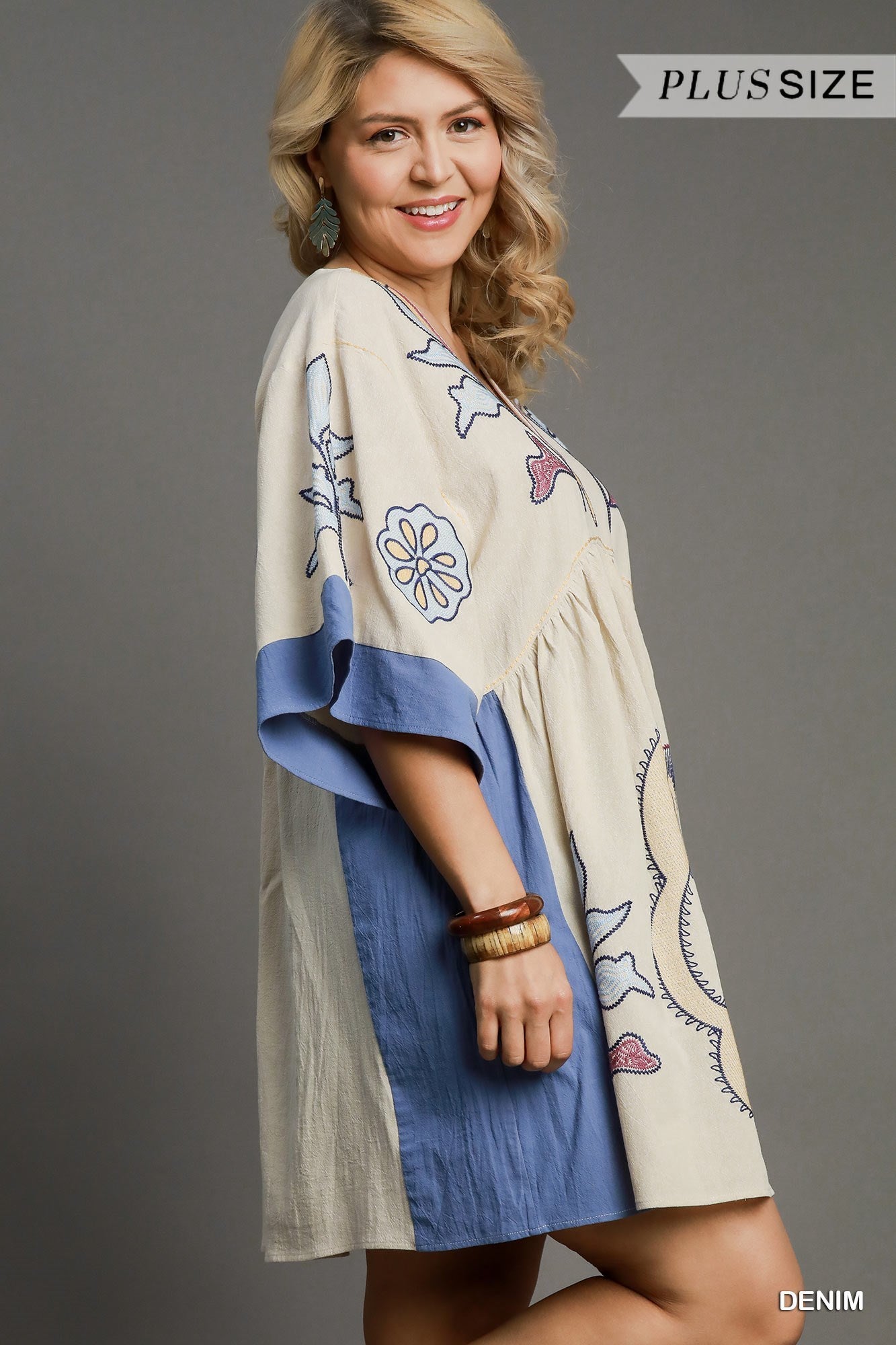 UMGEE Bohemian Embroidered Kaftan Dress Denim PLUS PRETTY
