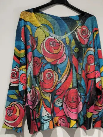 Blue Floral V-Neck Knit Printed Sweater