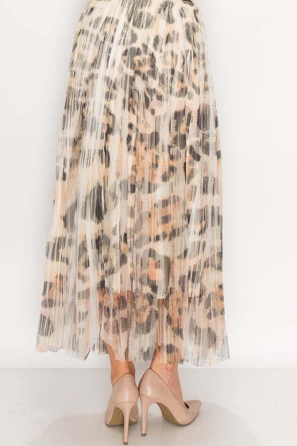 ORIGAMI Chic Lined Pleated Tulle Midi Skirt with Elastic Waist Leopard