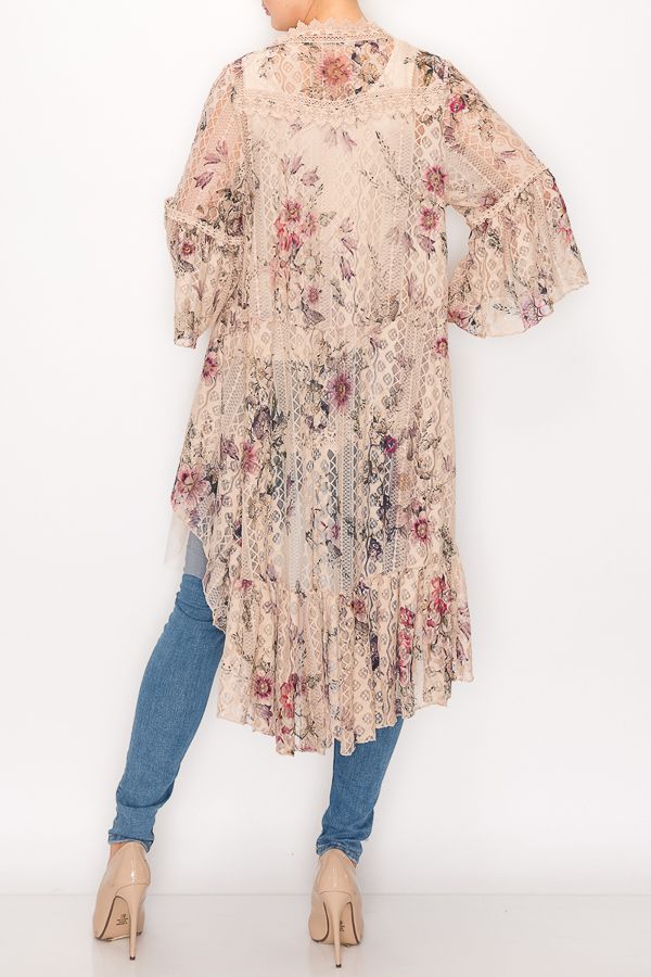 ORIGAMI Taupe Fl High-Low Cardigan