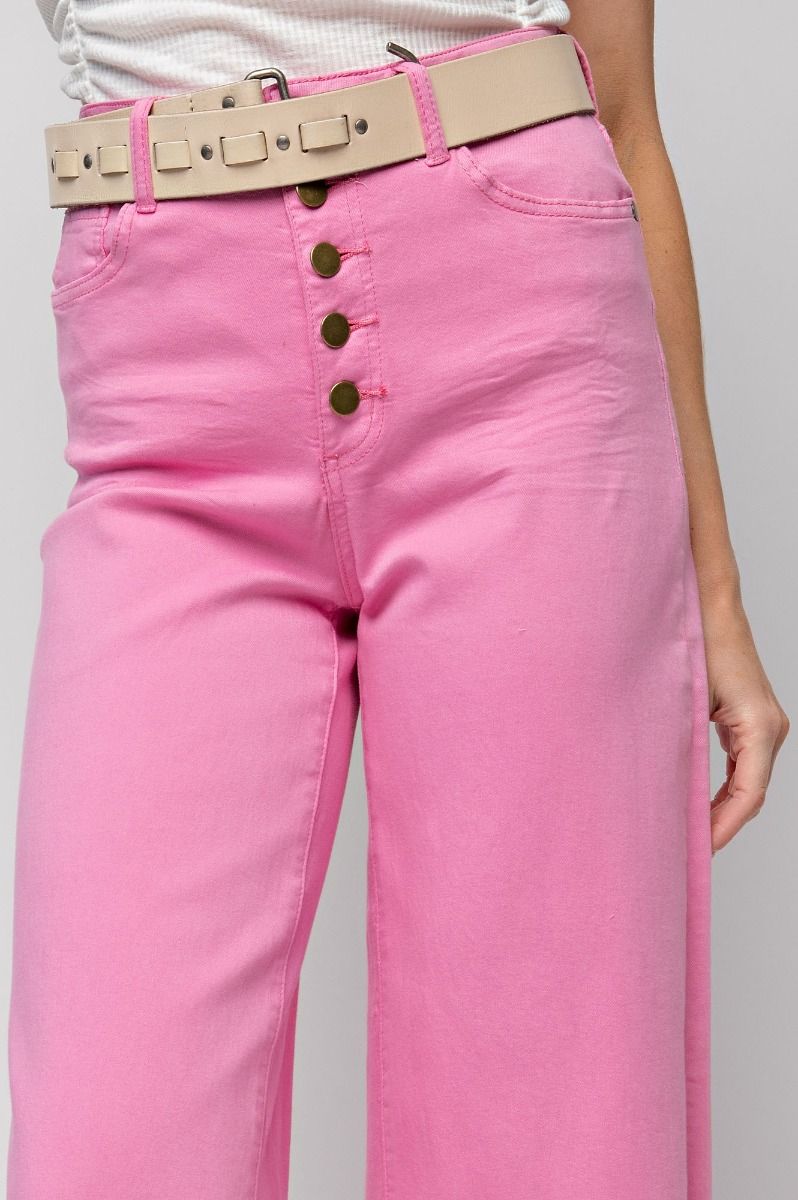 EASEL Button Front Stretch Barbie Pink Pants