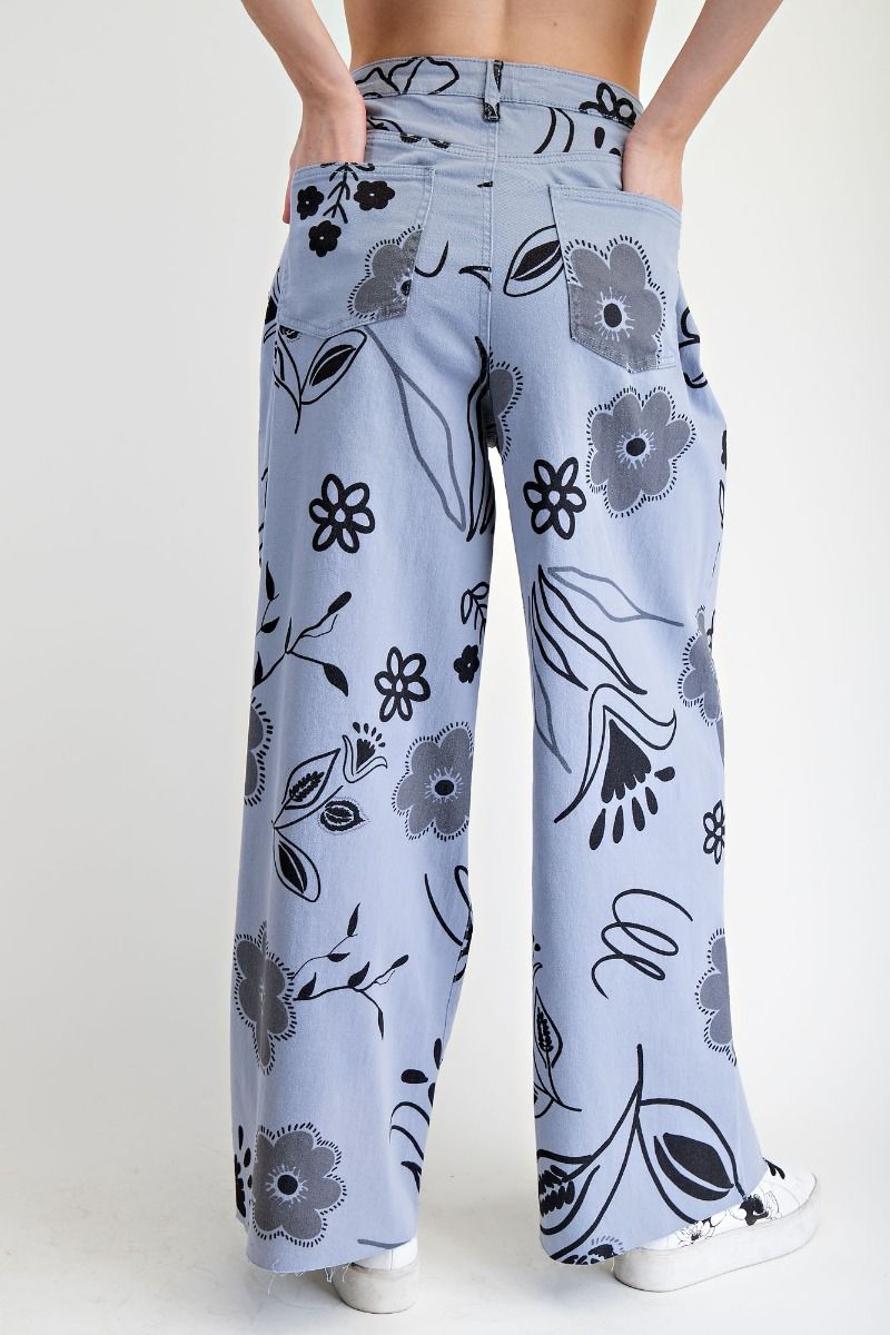 EASEL Floral Printed Pants Blue-Grey