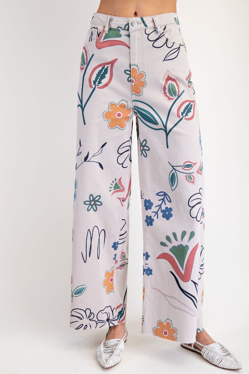 EASEL Floral Printed Pants Stone