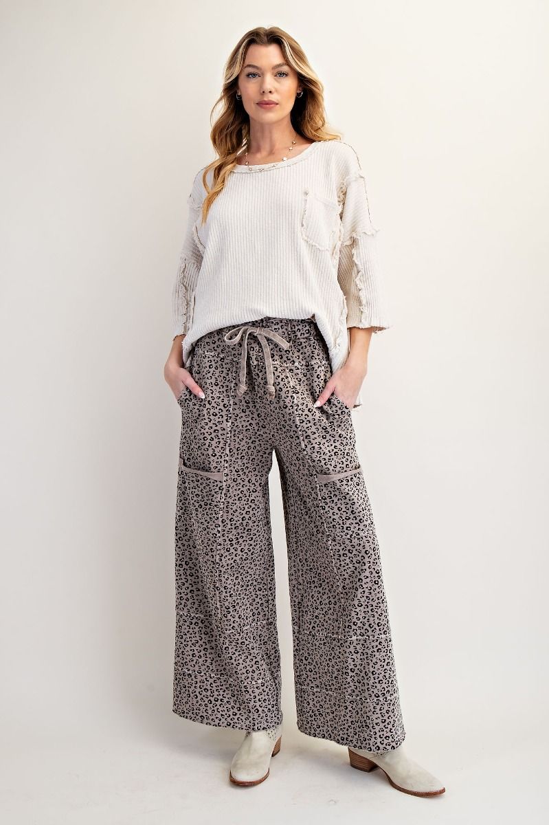 EASEL ANIMAL PRINT MINERAL WASHED TERRY KNIT LOUNGE CARGOS ASH MOCHA PLUS PRETTY