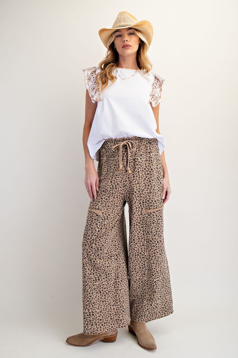 EASEL Animal Print Mineral Washed Terry Knit Lounge Cargos Camel