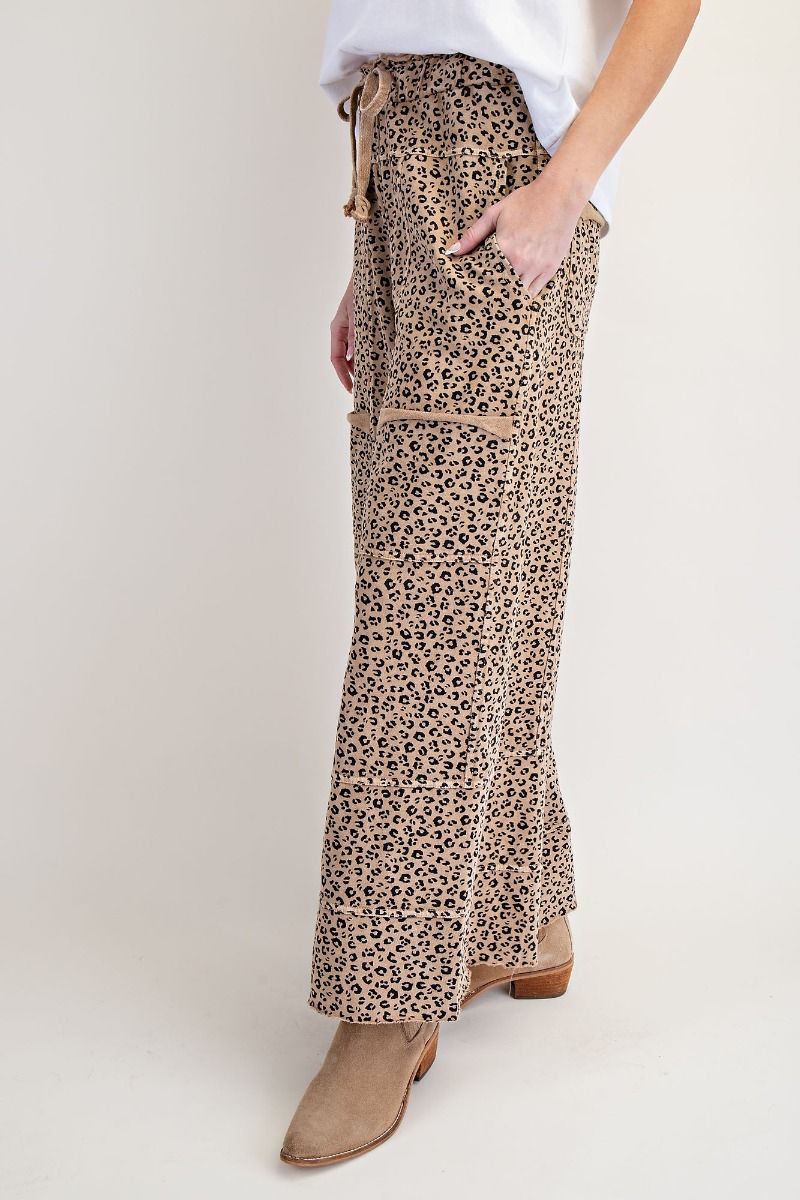 EASEL Animal Print Mineral Washed Terry Knit Lounge Cargos Camel