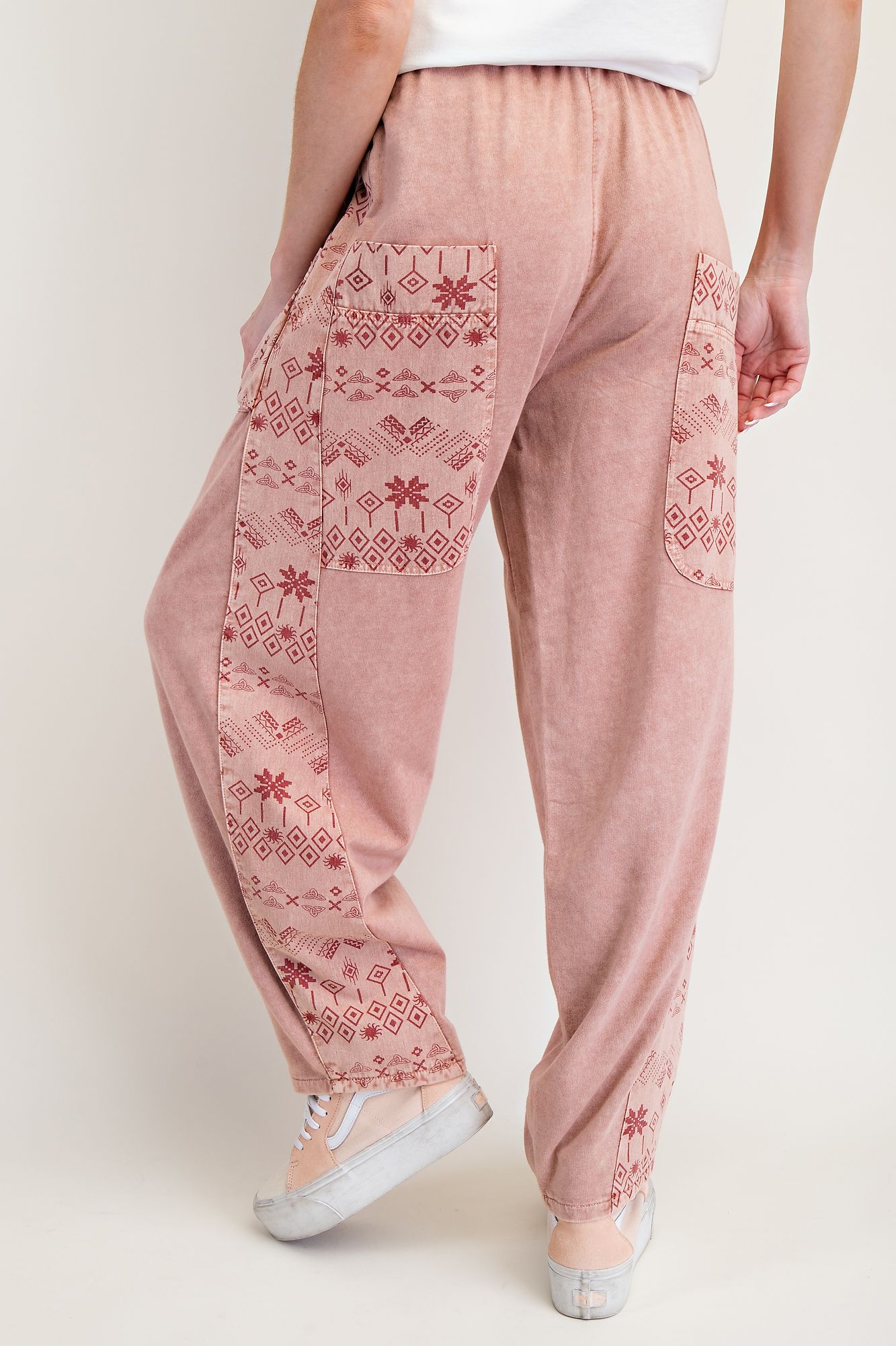 EASEL Ethnic Print Mix Mineral Washed Twill Barrel Pants Dried Rose