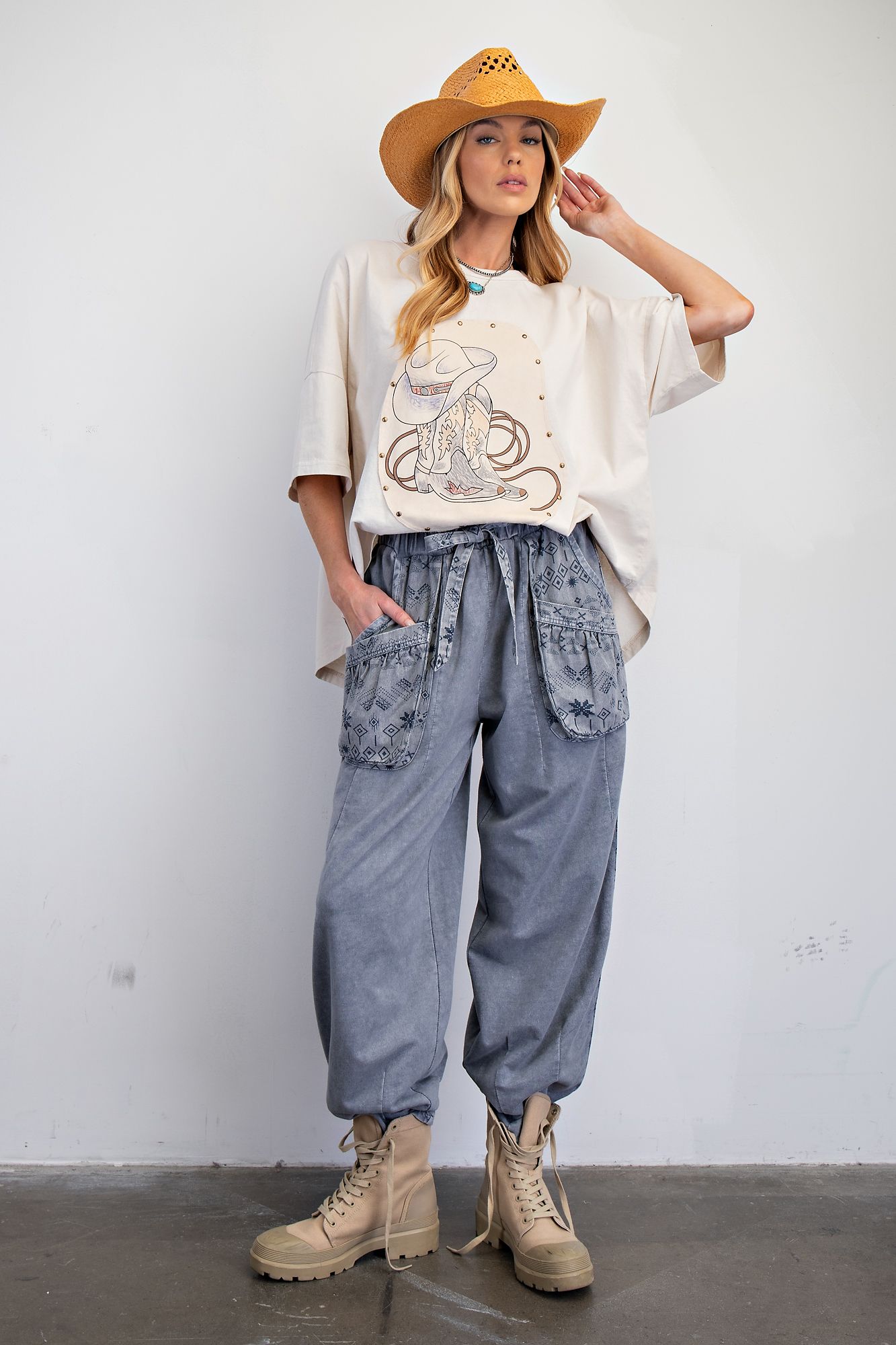 EASEL Ethnic Print Mix Mineral Washed Twill Barrel Pants Faded Washed Denim