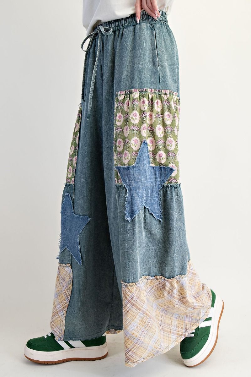 EASEL Patchwork Palazzo Pants Washed Denim