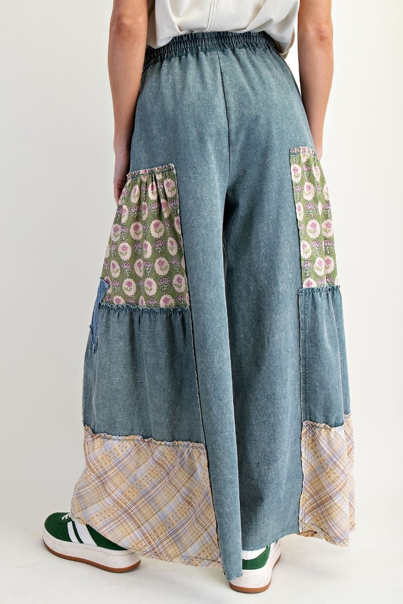 EASEL Patchwork Palazzo Pants Washed Denim