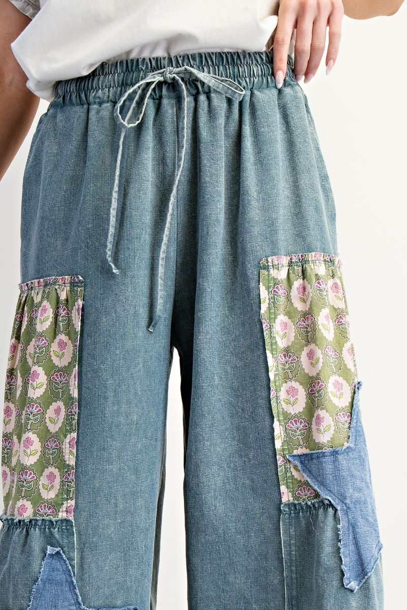 EASEL Patchwork Palazzo Pants Washed Denim