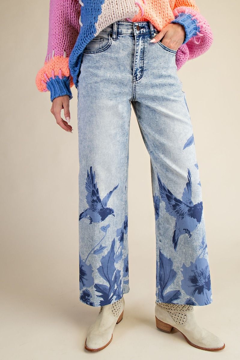 EASEL Bird Floral Print Stretch Washed Denim Pants – SuzyQ Palette