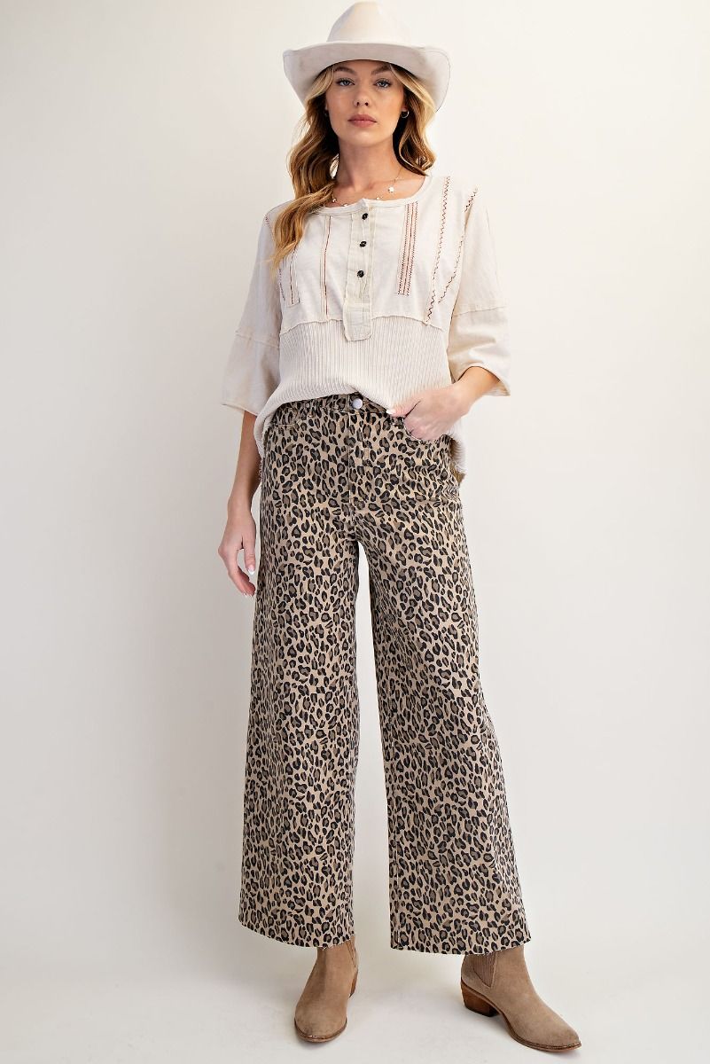 EASEL Animal Print Washed Twill Pants Camel