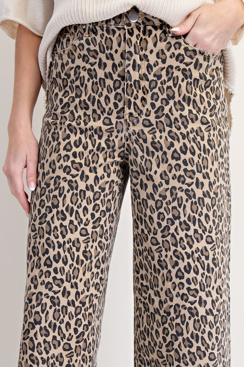 EASEL Animal Print Washed Twill Pants Camel