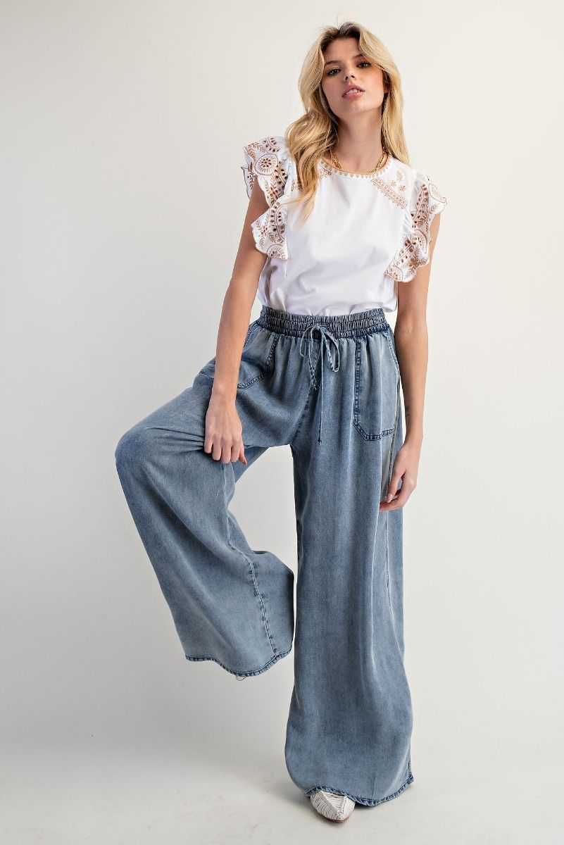 EASEL Chambray Palazzo Pants Washed Denim