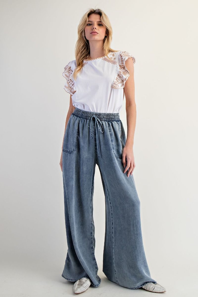 EASEL Chambray Palazzo Pants Washed Denim