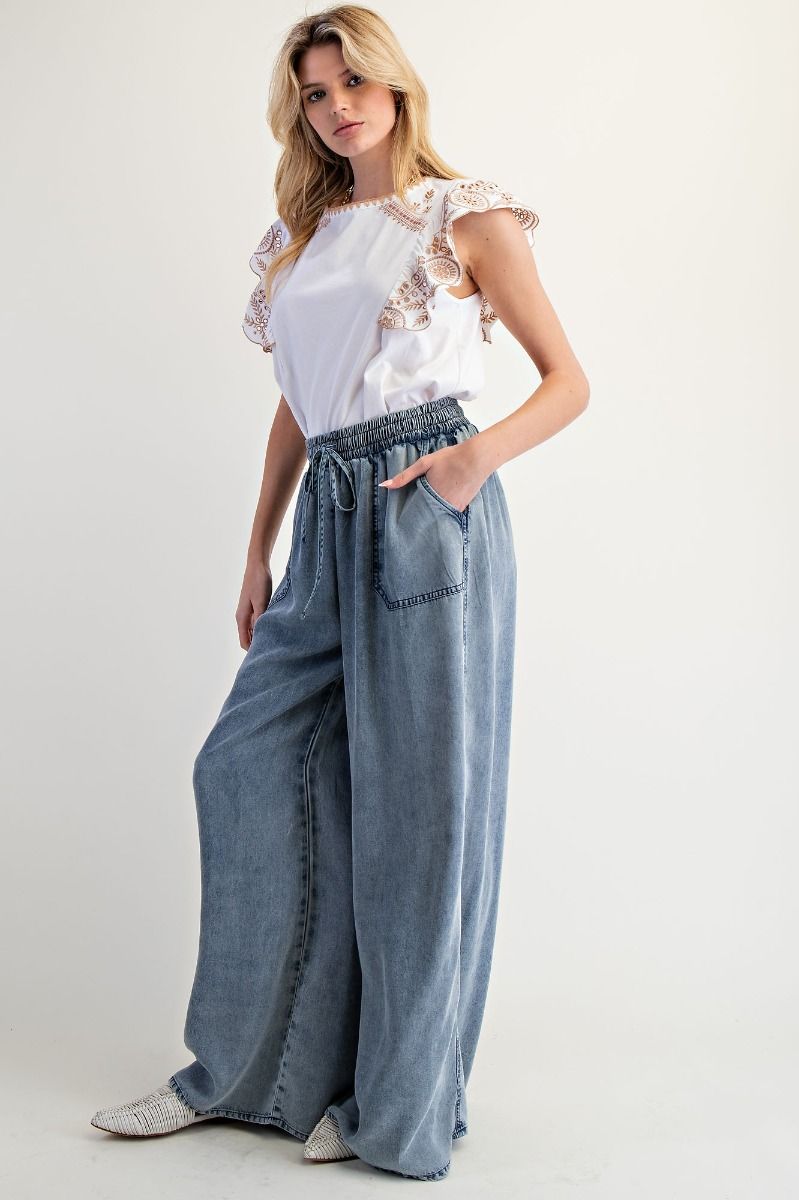 EASEL Chambray Palazzo Pants Washed Denim