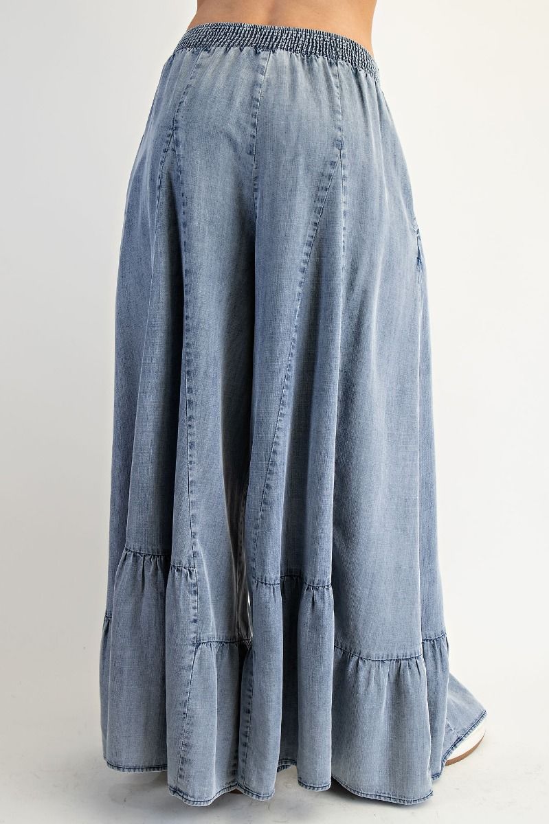 EASEL Ruffle Bottom Hem Palazzo Pants Washed Denim