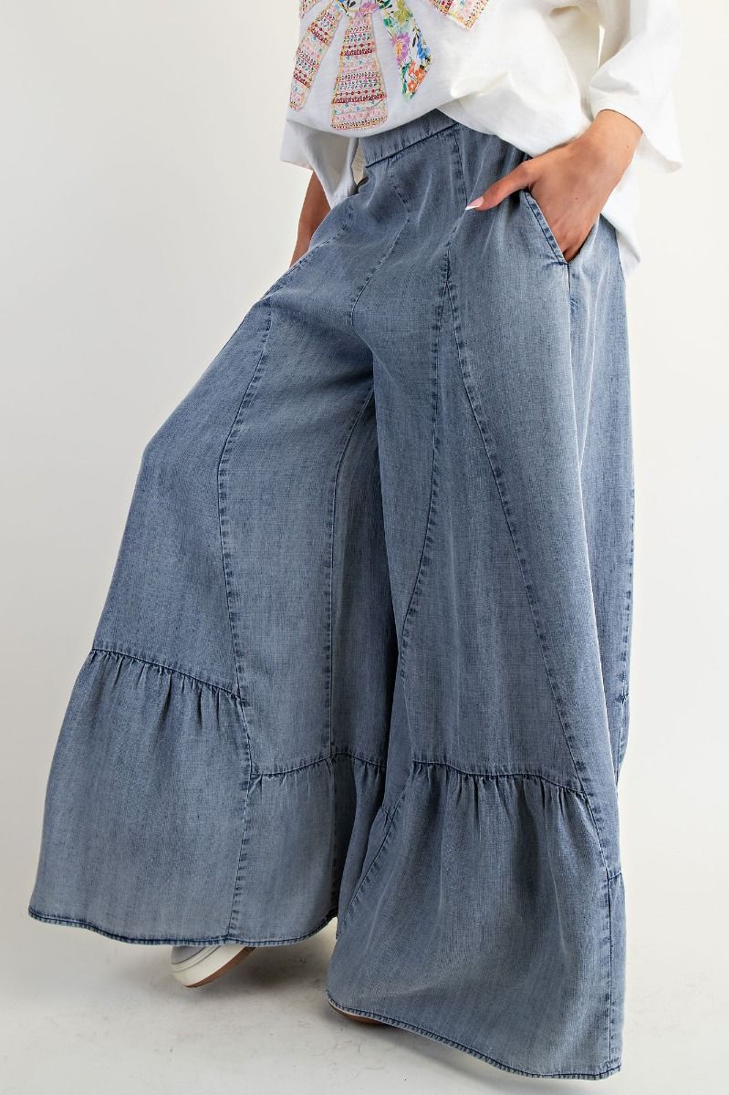 EASEL Ruffle Bottom Hem Palazzo Pants Washed Denim