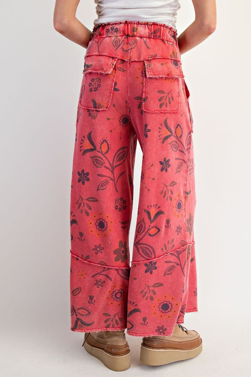 EASEL Floral Printed Washed Terry Pants Boho Red